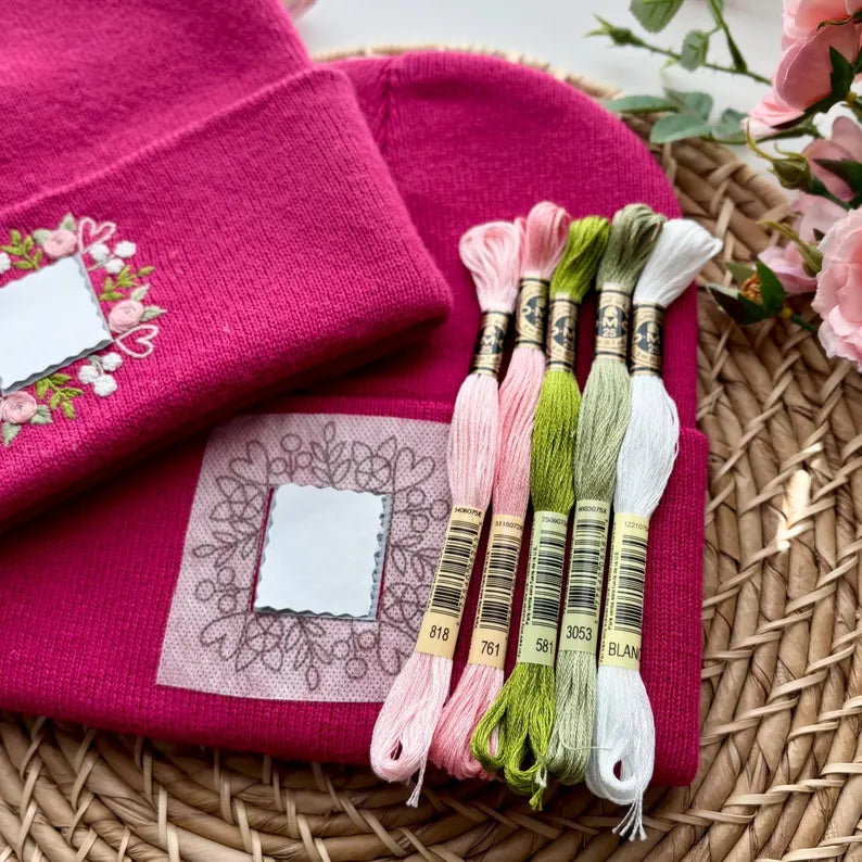 Floral Beanie Stick and Stitch, Embroidery PDF for Hat Logo Border, Valentines Hand Embroidery Pattern, Instant Download Heart Template