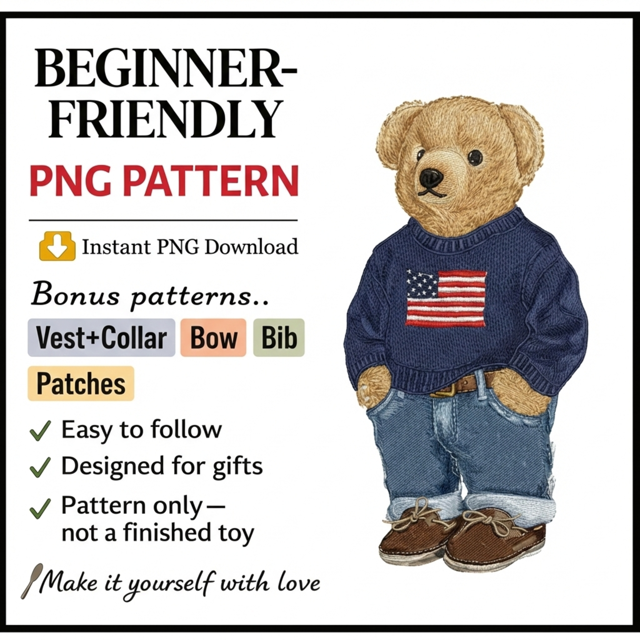 USA Flag Bear Embroidery Design, Casual Teddy Machine Embroidery Pattern, Fashion Bear Embroidery File for Hoodie, Jacket