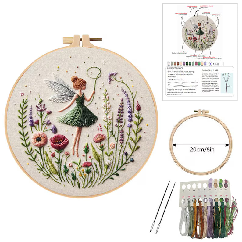Fairy Embroidery Kit with Hoop, Color Threads and Needles, English Manual for Beginners