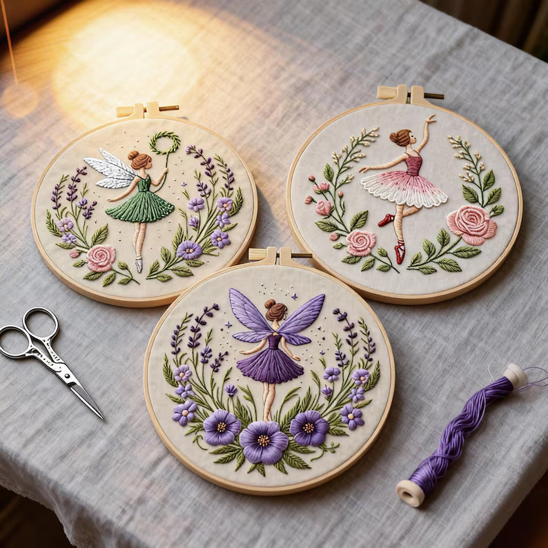 Fairy Embroidery Kit with Hoop, Color Threads and Needles, English Manual for Beginners
