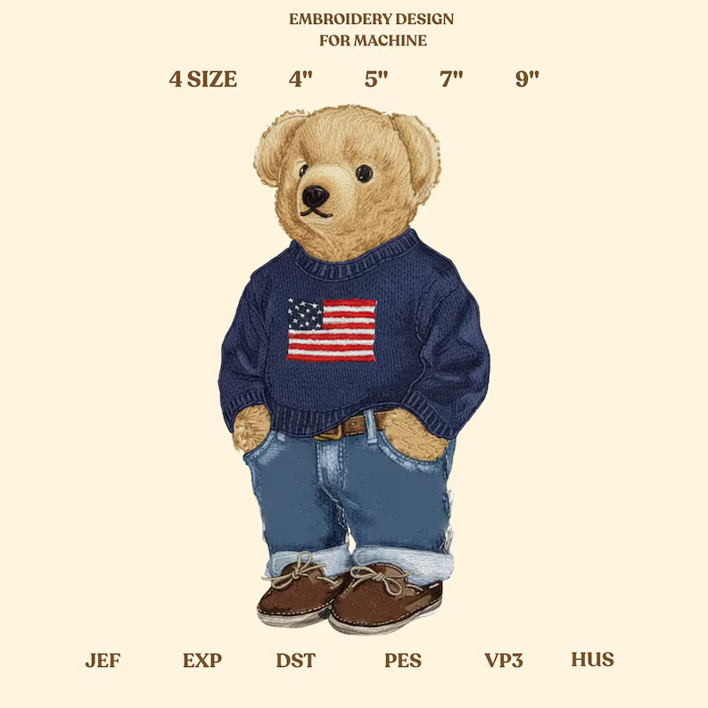 USA Flag Bear Embroidery Design, Casual Teddy Machine Embroidery Pattern, Fashion Bear Embroidery File for Hoodie, Jacket