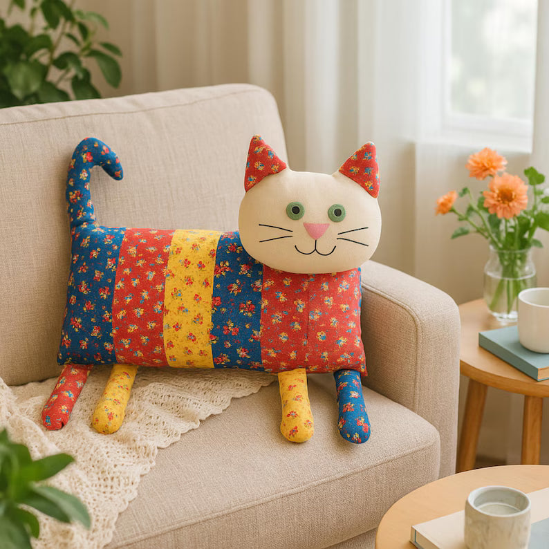 Cat Pillow Sewing Pattern: Upcycled Denim, Floral Embroidery (PDF Pattern, 2 Sizes) Beginner's Guide