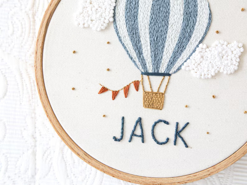 Personalised hot air balloon embroidery pattern baby boy nursery decor gift, instant download DIY embroidery project design custom name gift
