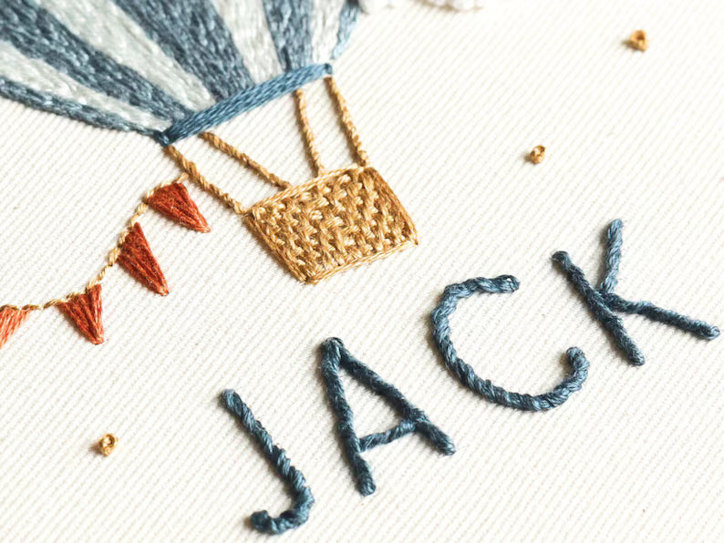 Personalised hot air balloon embroidery pattern baby boy nursery decor gift, instant download DIY embroidery project design custom name gift