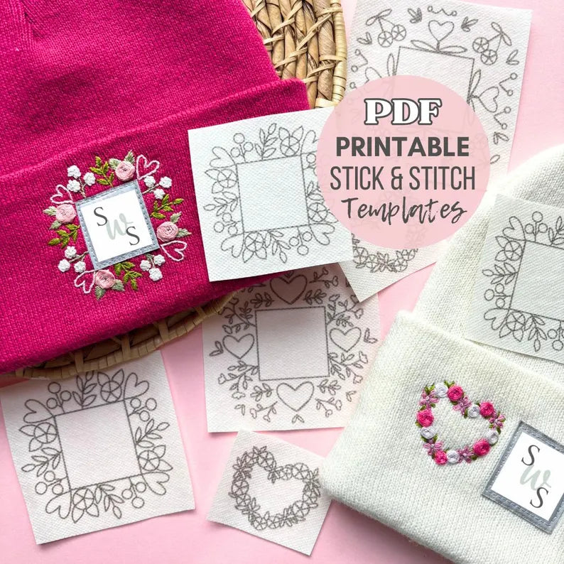 Floral Beanie Stick and Stitch, Embroidery PDF for Hat Logo Border, Valentines Hand Embroidery Pattern, Instant Download Heart Template