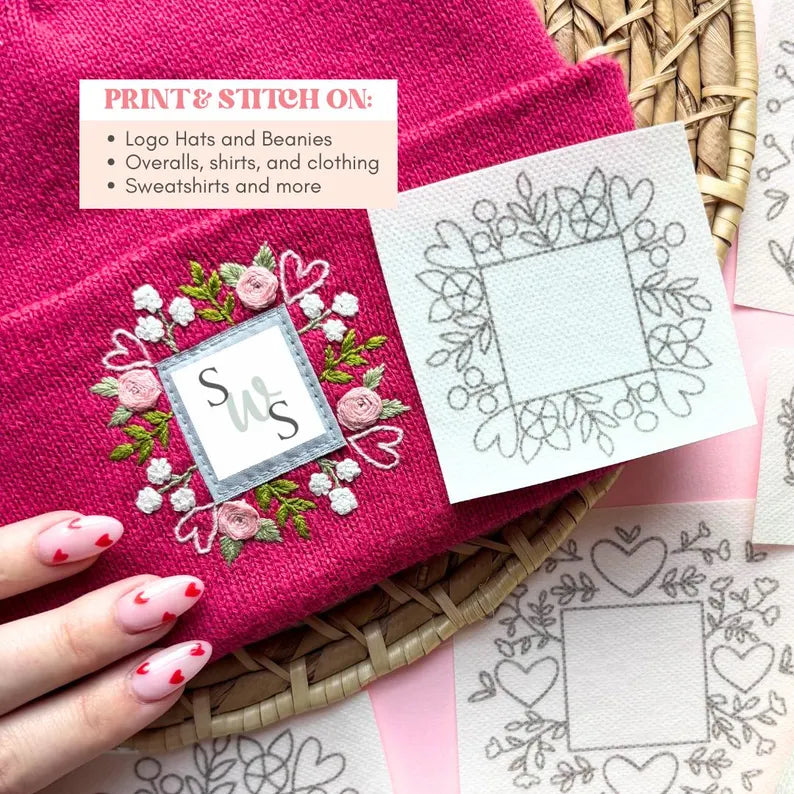 Floral Beanie Stick and Stitch, Embroidery PDF for Hat Logo Border, Valentines Hand Embroidery Pattern, Instant Download Heart Template