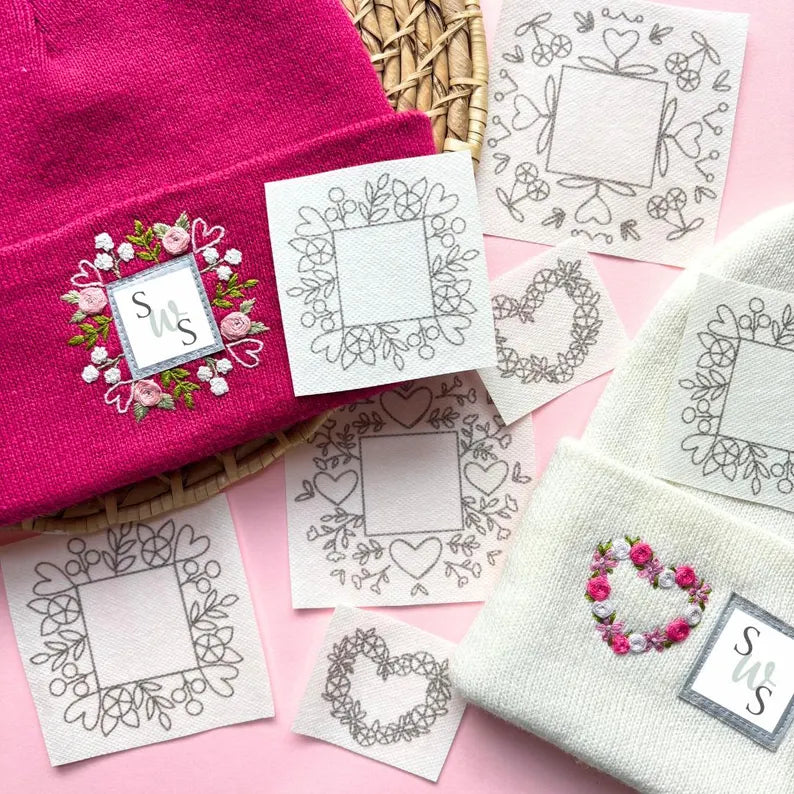Floral Beanie Stick and Stitch, Embroidery PDF for Hat Logo Border, Valentines Hand Embroidery Pattern, Instant Download Heart Template