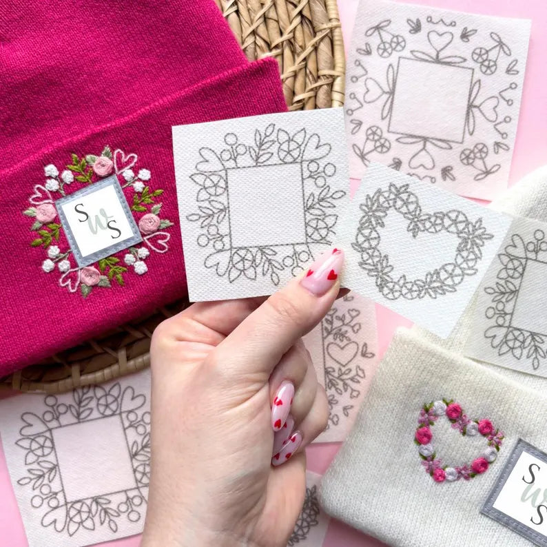 Floral Beanie Stick and Stitch, Embroidery PDF for Hat Logo Border, Valentines Hand Embroidery Pattern, Instant Download Heart Template