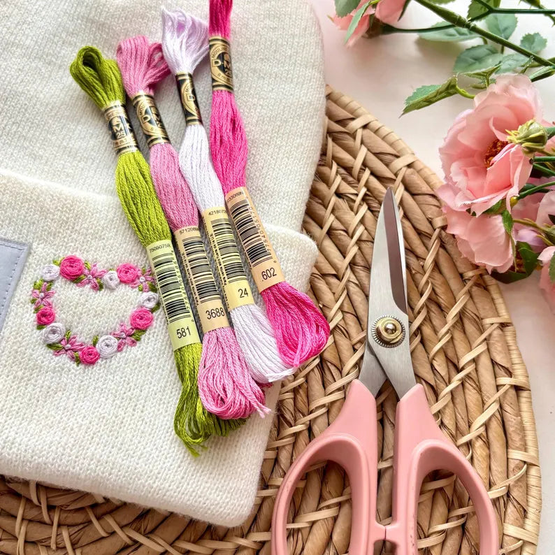 Floral Beanie Stick and Stitch, Embroidery PDF for Hat Logo Border, Valentines Hand Embroidery Pattern, Instant Download Heart Template
