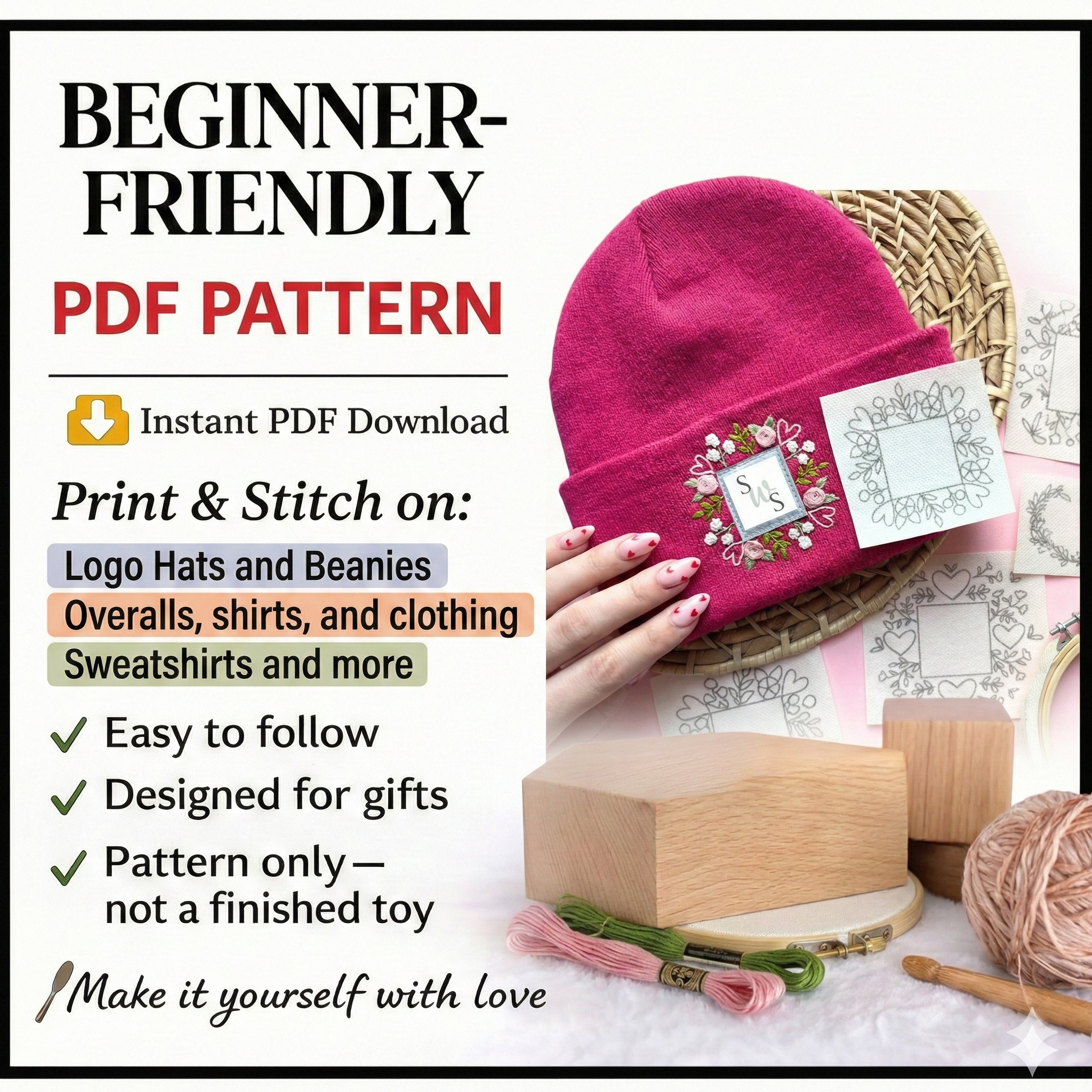 Floral Beanie Stick and Stitch, Embroidery PDF for Hat Logo Border, Valentines Hand Embroidery Pattern, Instant Download Heart Template