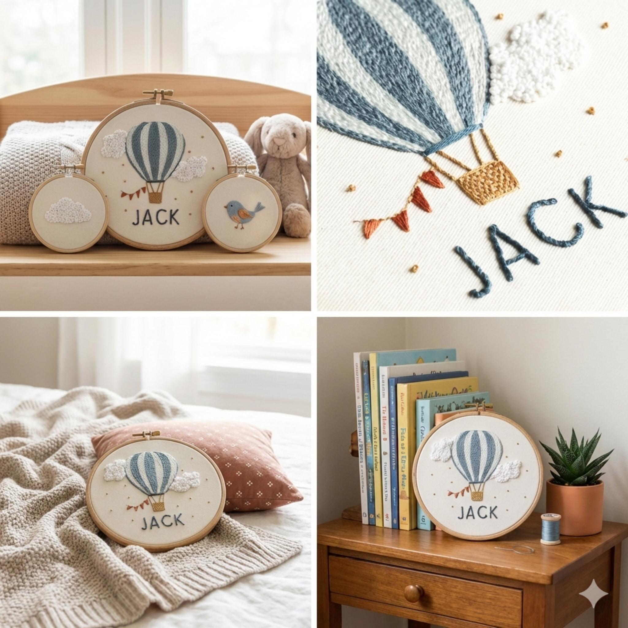 Personalised hot air balloon embroidery pattern baby boy nursery decor gift, instant download DIY embroidery project design custom name gift