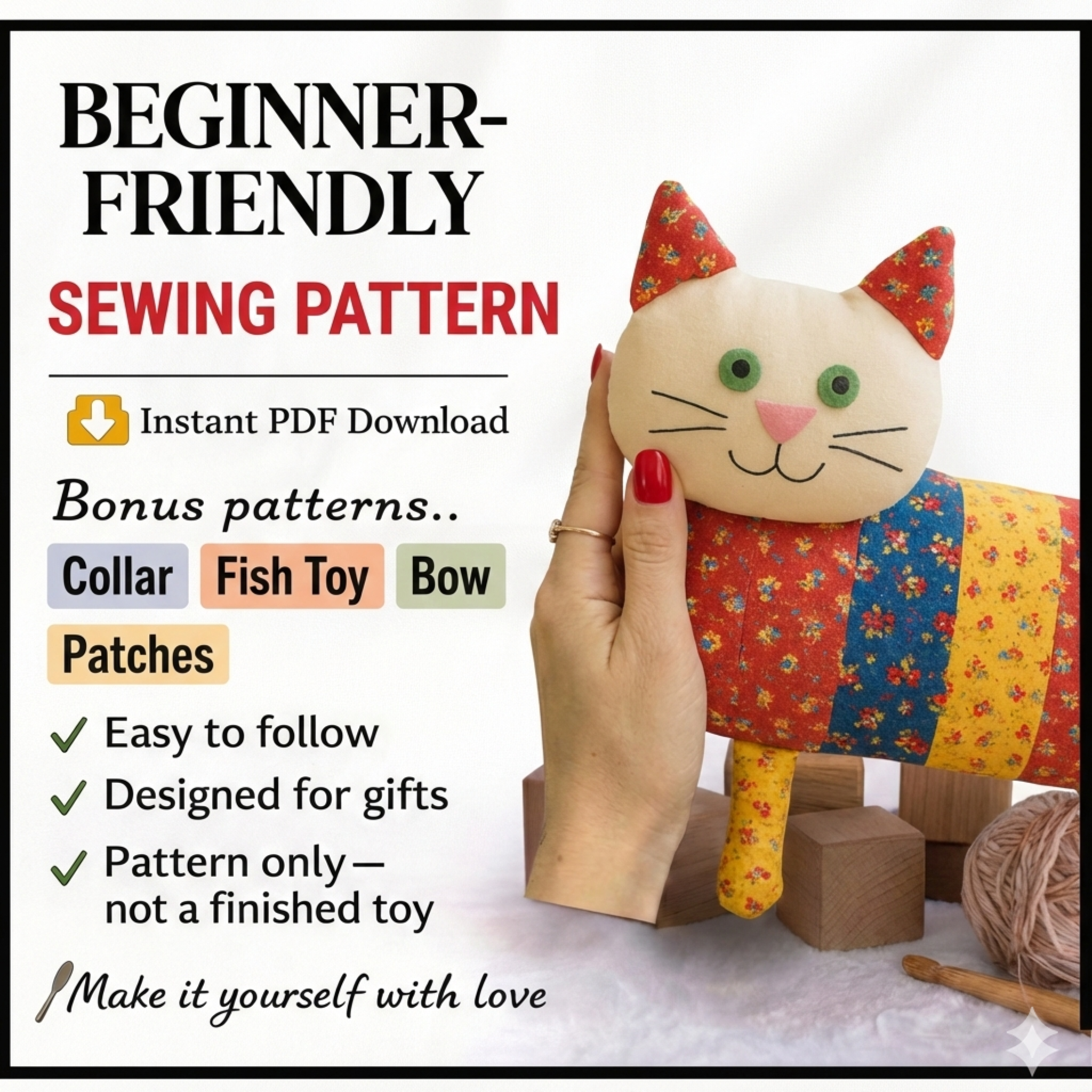 Cat Pillow Sewing Pattern: Upcycled Denim, Floral Embroidery (PDF Pattern, 2 Sizes) Beginner's Guide