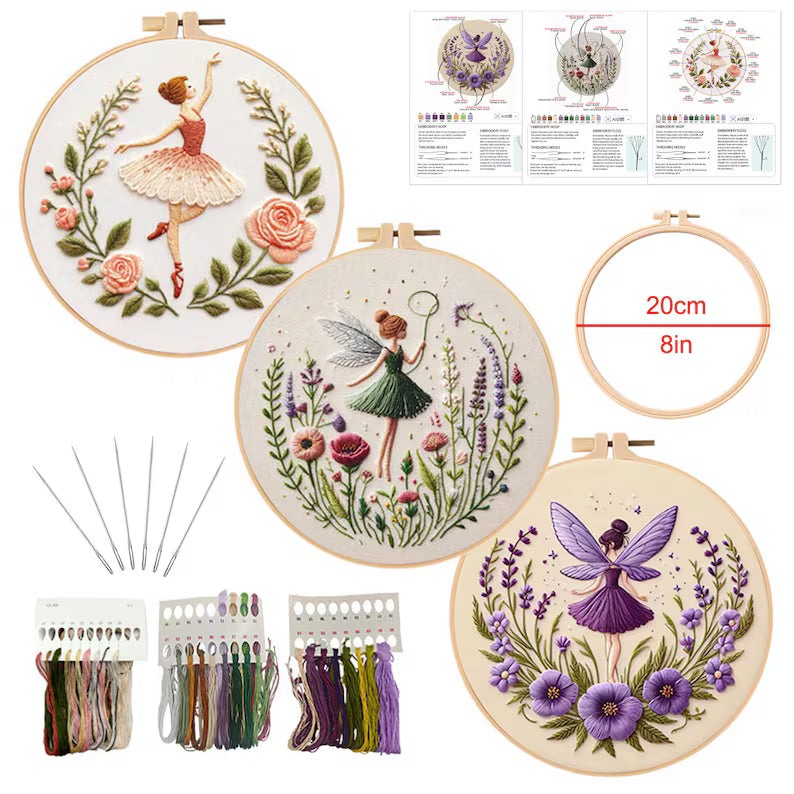 Fairy Embroidery Kit with Hoop, Color Threads and Needles, English Manual for Beginners
