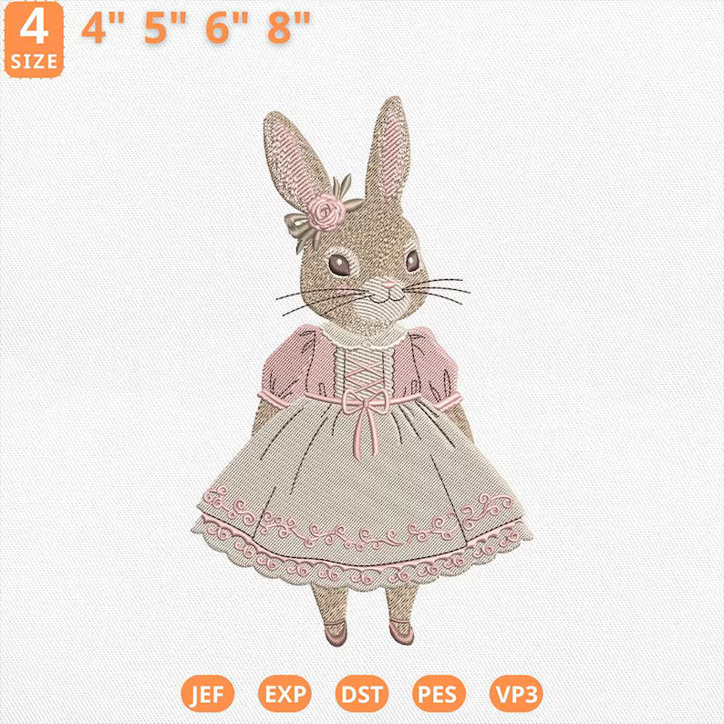 Vintage Bunny Girl Embroidery Design, Cute Rabbit Wearing Dress Embroidery File, Cute Bunny for Easter Day Machine File, Instant Download