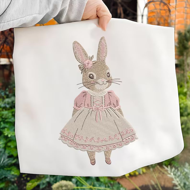 Vintage Bunny Girl Embroidery Design, Cute Rabbit Wearing Dress Embroidery File, Cute Bunny for Easter Day Machine File, Instant Download