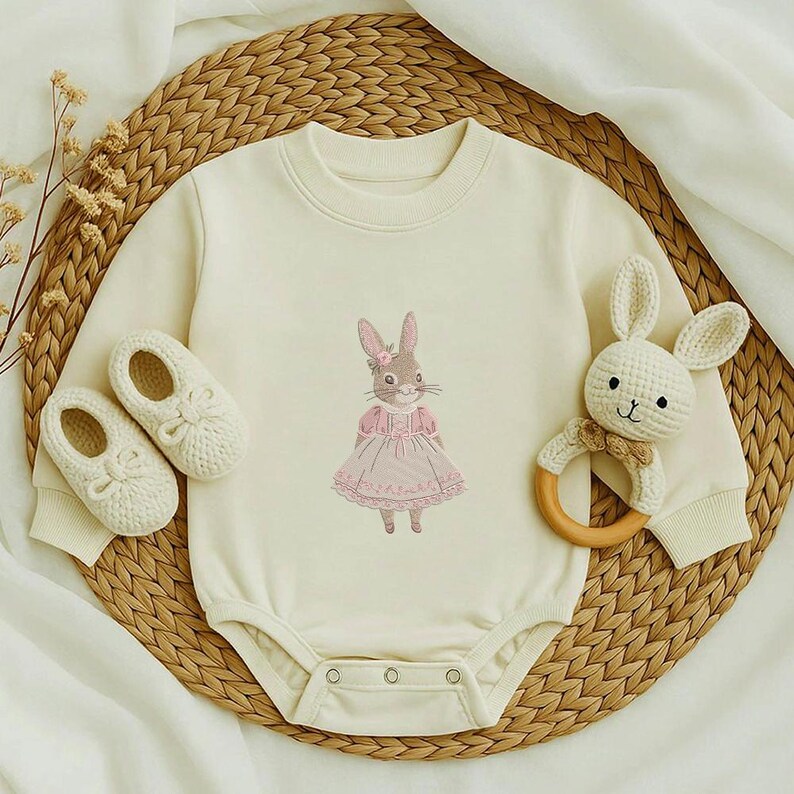 Vintage Bunny Girl Embroidery Design, Cute Rabbit Wearing Dress Embroidery File, Cute Bunny for Easter Day Machine File, Instant Download