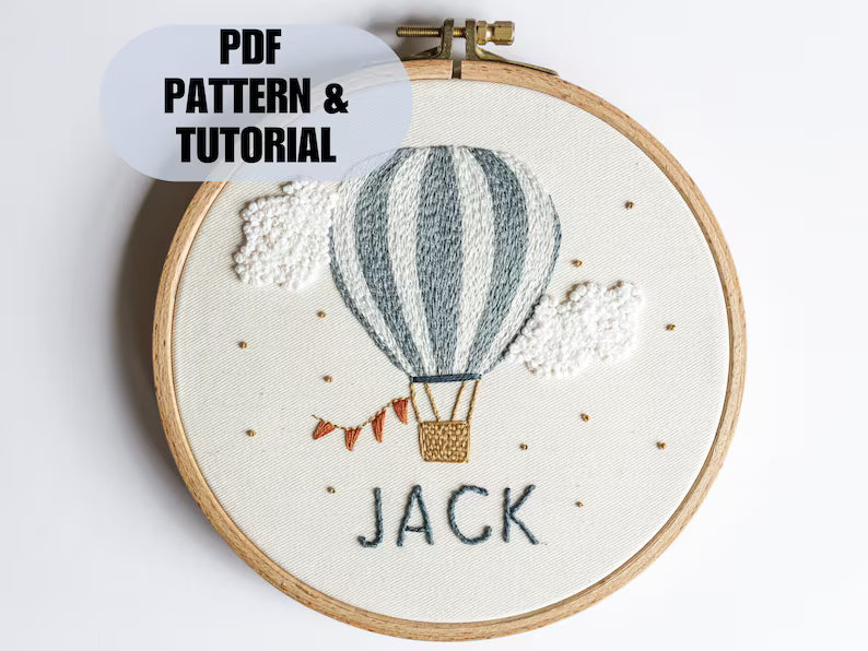 Personalised hot air balloon embroidery pattern baby boy nursery decor gift, instant download DIY embroidery project design custom name gift