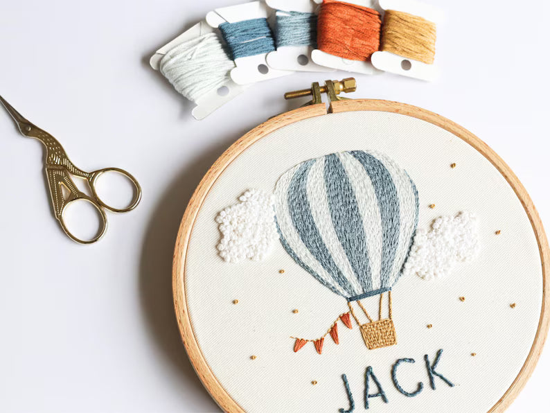 Personalised hot air balloon embroidery pattern baby boy nursery decor gift, instant download DIY embroidery project design custom name gift