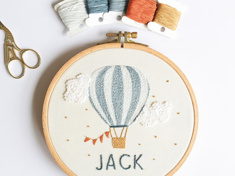 Personalised hot air balloon embroidery pattern baby boy nursery decor gift, instant download DIY embroidery project design custom name gift