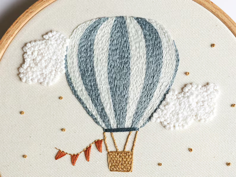 Personalised hot air balloon embroidery pattern baby boy nursery decor gift, instant download DIY embroidery project design custom name gift